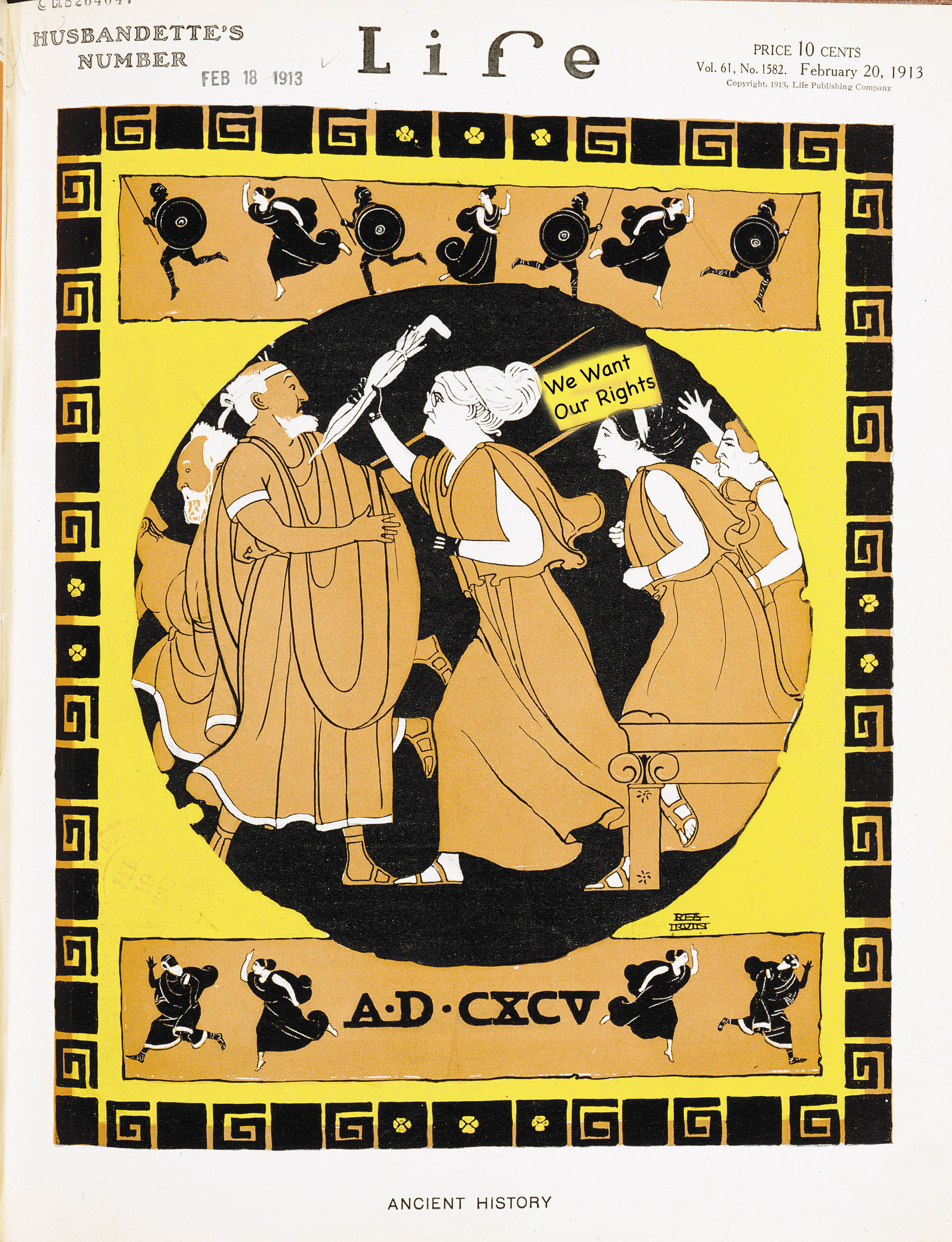 Magazine cover showing a Susan B. Anthony-like figure in classical dress thrusting an umbrella at a man in a toga.